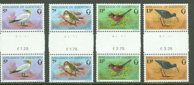 Great Britain-Guernsey # 165-68 Birds GUTTER PAIRS (4) MNH