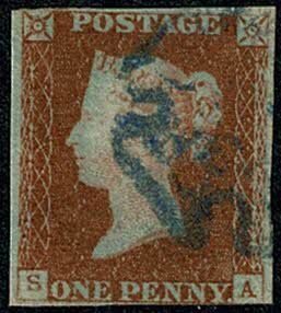 GB 1d Red SA Plate 24. Blue Maltese Cross cancellation. SG 8-12