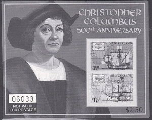 NEW ZEALAND 1992 Columbus - official black print of mini sheet.............E321c