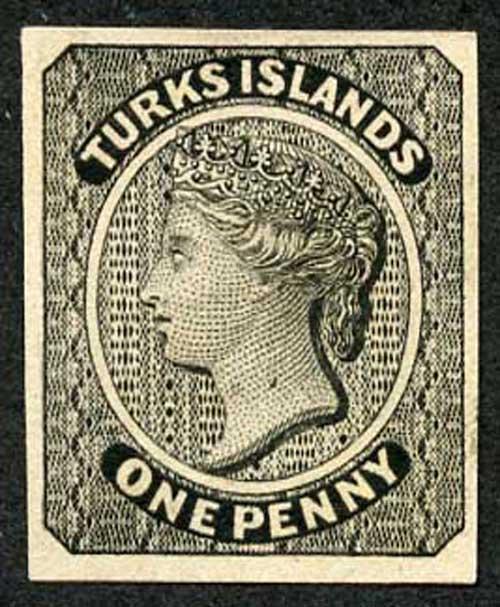 TURKS ISLANDS 1867 1d Imperf Plate Proof in black on thick wove paper no wmk