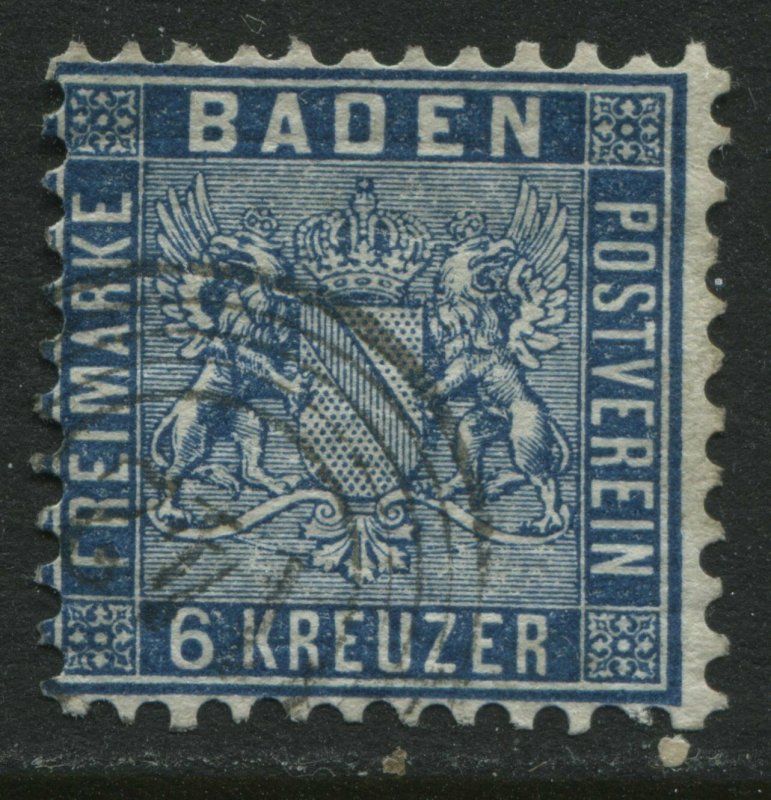 Baden 1861 6 kreuzer prussian blue used 