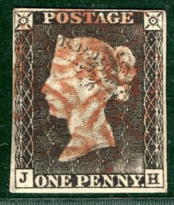 GB PENNY GREY-BLACK 1840 Stamp SG.3 1d Plate 1a (JH) Used Red MX Cat £500 RED39 