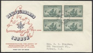 1949 #282 Newfoundland FDC Red Map Cachet Block Montreal CDS Stamp Dealer Insert