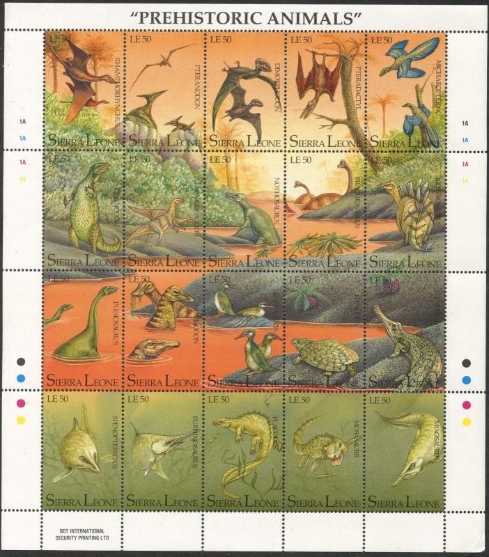 SIERRA LEONE Sc#1498 1992 Prehistoric Animals Complete Sheet of 20 OG MNH