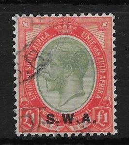 SOUTH WEST AFRICA SG57 1927 £1 PALE OLIVE-GREEN & RED USED