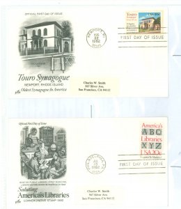 US 2015/2017 1982 20c America's Libraries, and 20c Touro Synagogue, Art craft cachets