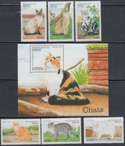 BENIN Sc# 1094-1100 CPL MNH SET of 6 + SOUVENIR SHEET of CATS