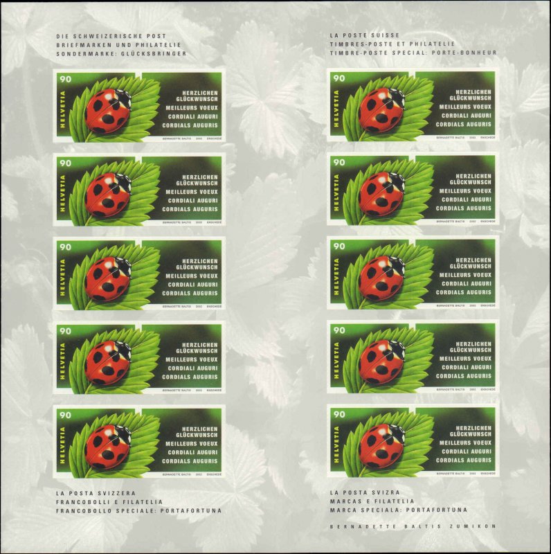 Switzerland #1125, Complete Set, Booklet of 10, 2002, Insects, Never Hinged