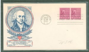 US 843 1938 4c Madison (presidential/prexy series) coil line pair on an addressed first day cover with a Clifford-WSE cachet.