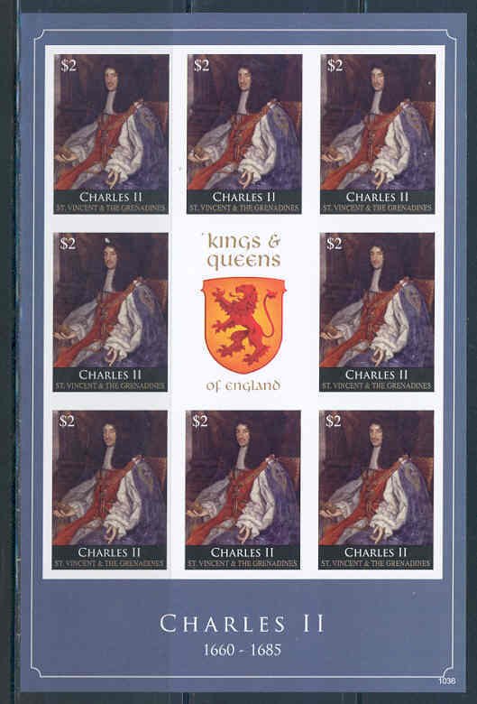 ST. VIN GRENADINES  KINGS & QUEENS OF ENGLAND CHARLES  II  IMPERFORATED SHEET NH