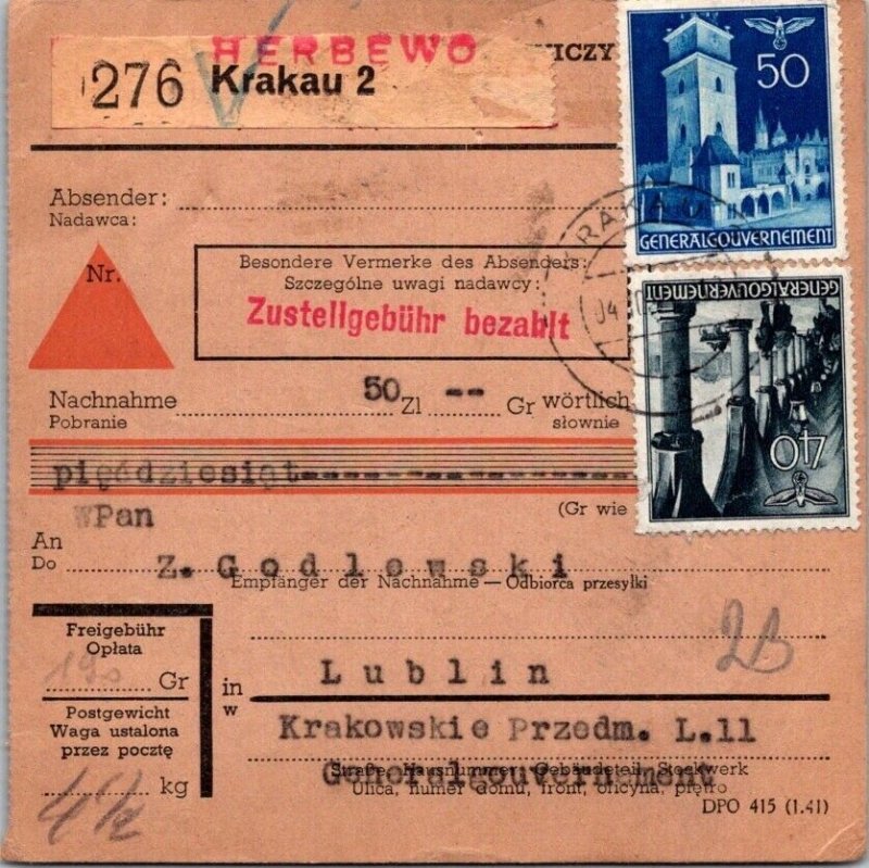 SCHALLSTAMPS GERMANY 1941 POSTAL HISTORY POLAND PACKETMAIL CARD ADDR CANC KRAKAU