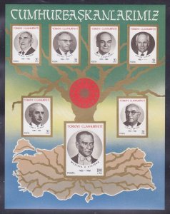 Turkey 2396 MNH 1987 Turkish Presidents IMPERF Souvenir Sheet of 7