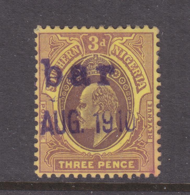 SOUTHERN NIGERIA, 1910 KEVII 3d. canc straight line CALABAR rubber handstamp.