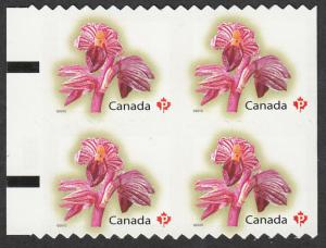 VERTICALLY UNCUT  BLOCK of 4 with LEFT MARGIN = ORCHID = CANADA 2010 #2357iv