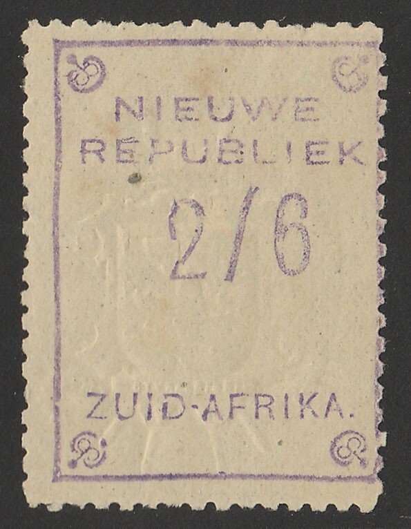 TRANSVAAL - NEW REPUBLIC 1887 2/6 Violet with embossed arms, on yellow paper.