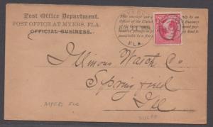 **US 19th Century Cover Scott # 220, Myers, FL, 8/11/1894 DPO2, PO Dept Official