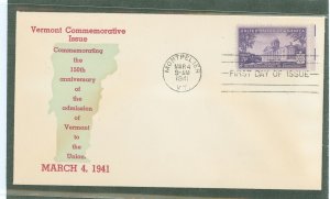 US 903 1941 3c Vermont/150th Anniversary of Statehood wtih an American cover club (first) cachet on an unaddressed FDC