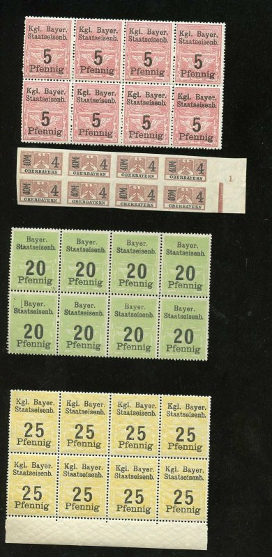 GERMAN STATES BAVARIA GROUP OF 14 REVENUES MINT NH BLOCKS OF EIGHT OF EACH 