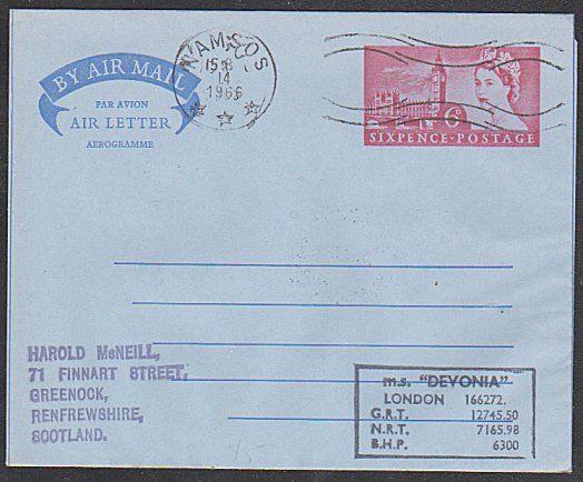 GB NORWAY 1966 MS DEVONIA  ship cover, GB airletter NANSOS cancel...........1059