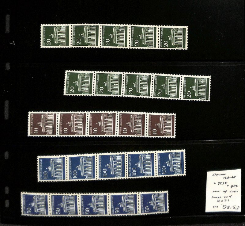 Germany, Postage Stamp, #952..956 Strips Mint NH, 1966-68