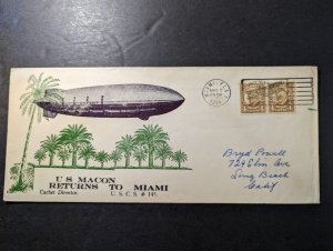 1934 USA Airmail Zeppelin US Macon Cover Miami FL to Long Beach CA