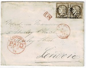 Algeria 1874 Bone (5015) cancel on cover to England, with pair France Scott 62