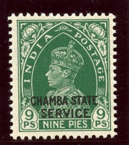 India - Chamba 1938 KGVI Official 9p green superb MNH. SG O66. Sc O55.