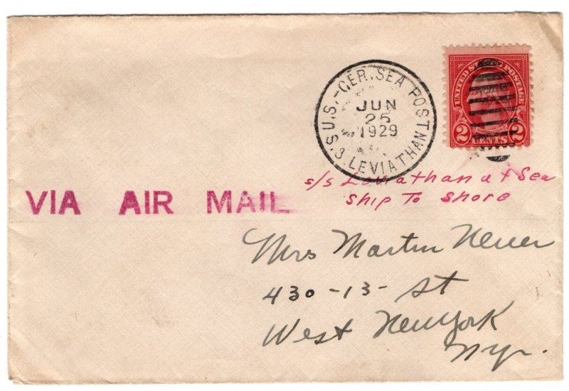 2 Cent George Washington on Cover US Sea Post SS Leviathan June 25, 1929