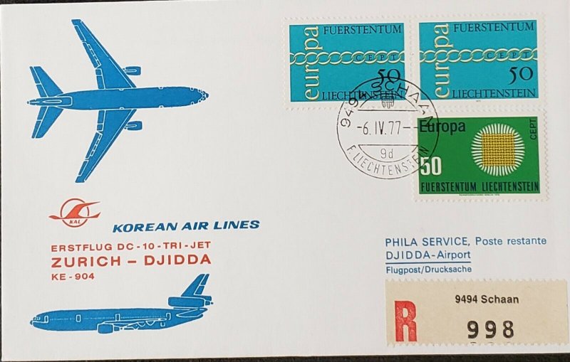 Korean Air Lines 1977 Liechtenstein Zurich Jeddah Europa stamp