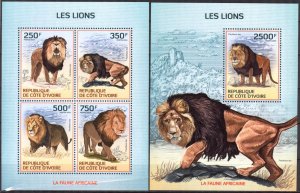 Ivory Coast 2014 Wild Cats Lions Sheet + S/S MNH