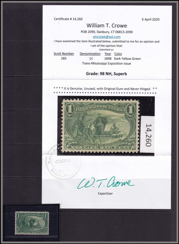 #285 Mint NH, XF, Crowe cert #14,260 (SMQ 98 - $2,000) (CV $75 - ID46086) - J...