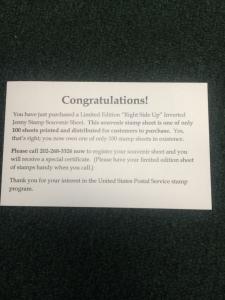 Rightside Up Jenny Official Congratulations Card Notifying The Customer. 1of 100