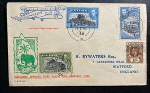 1938 Colombo Ceylon First Official Flight Airmail cover FFC To Watford England