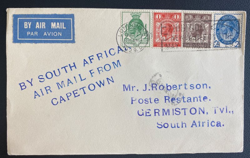 1929 London England Early Airmail Cover to Germinston South Africa