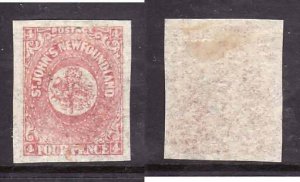 Newfoundland-Sc #18- id7-unused hinged og 4d rose-imperforate-1861-2-