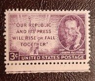 US Scott # 946; 3c Joseph Pulitzer, 1947; Mint, small hinge remnent; XF centr