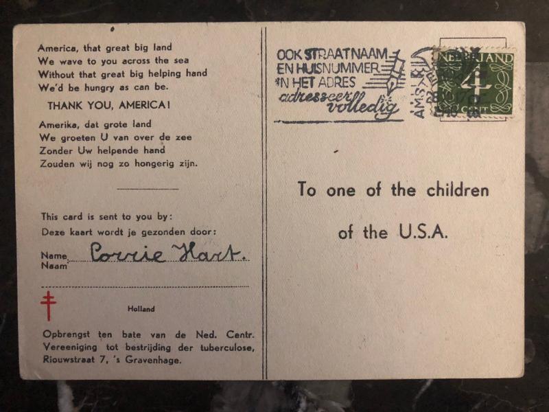 1946 Netherlands PostCard Cover Thank You to USA Child For Liberation 