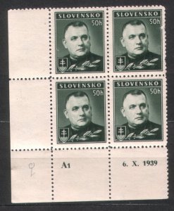Slovakia 1939 Sc#43 Tiso Plate A1 with date Block of 4 MNH