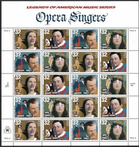 United States #3154-3157 32¢ Opera Singers (1997). Full mini-sheet of 20. MNH