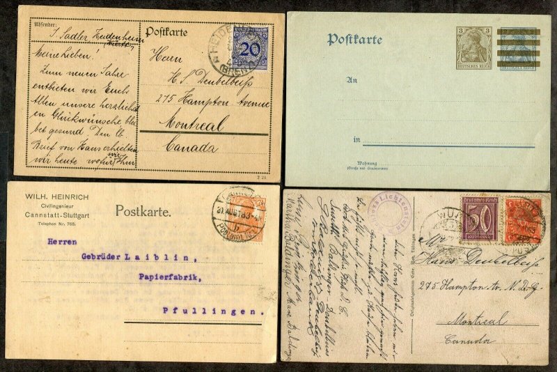 135 - GERMANY 1910s-20s Lot of (4) Postcards, two sent to CANADA. Postal Card