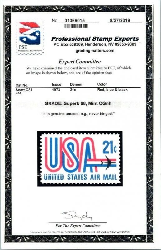 US SCOTT #C81 Mint-SUPERB-NH, Graded 98 with PSE Certificate, from garyposner!