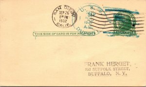 US POSTAL CARD 1c MAILED ABOARD U.S.S. DURONT ANCIALLIARY CANCEL SAN DIEGO 1932