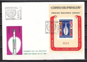 Paraguay, Scott cat. 835a. United Nations & Space s/sheet on a First day cover.