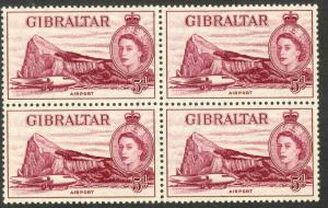 GIBRALTAR 1953 QE2 5d Deep Maroon Shade BLOCK 4 SG No. 152b / Sc 139  MNH