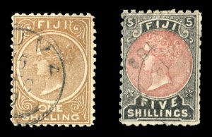 Fiji #44-45 Cat$62.50, 1881-82 1sh yellow brown and 5sh black and red brown, ...