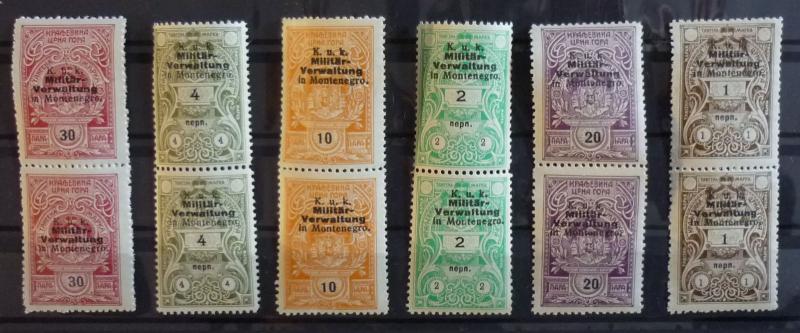 WWI AUSTRIA-MONTENEGRO-12 REVENUE STAMPS (MNH)-HORIZONTAL PAIRS R! yugoslavia J1