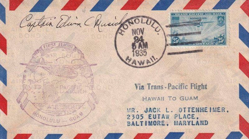 1935, 1st Clipper Flt., Honolulu, HI to Guam, Signed by Capt. (S19902) 