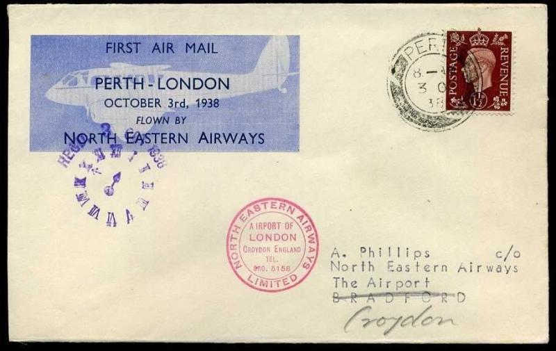 1938 First Flight North Eastern Airways Perth-London Croydon cachet