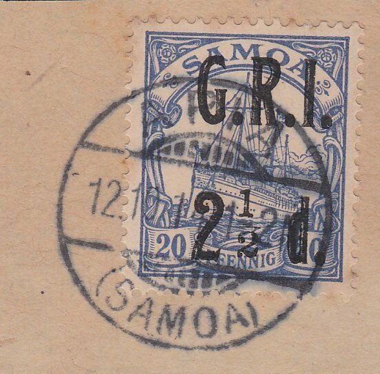 SAMOA 1914 GRI opt on German Samoa : 2½d used on piece Apia cds.............C486
