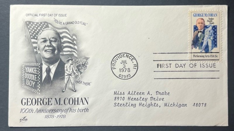 GEORGE COHAN JUL 3 1978 PROVIDENCE RI ARTCRAFT FIRST DAY COVER (FDC)